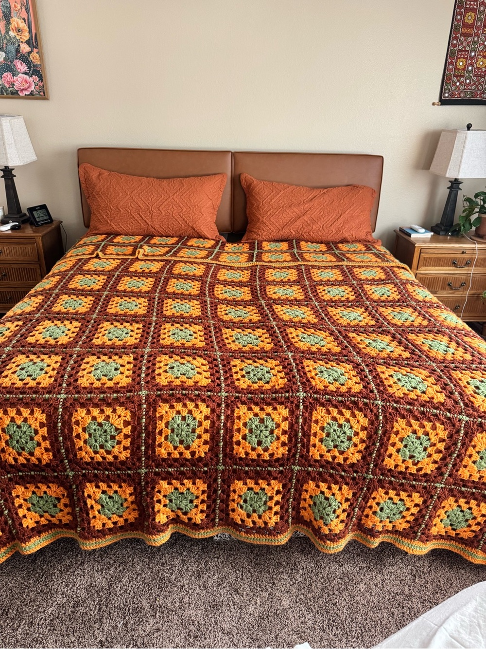 Vintage Handmade Crochet Granny Square Afghan Bedspread King 123x114 Fall Colors
